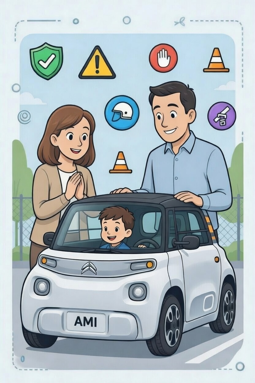 Adolescent de 14 ans au volant d'une voiture sans permis &eacute;lectrique avec un parent