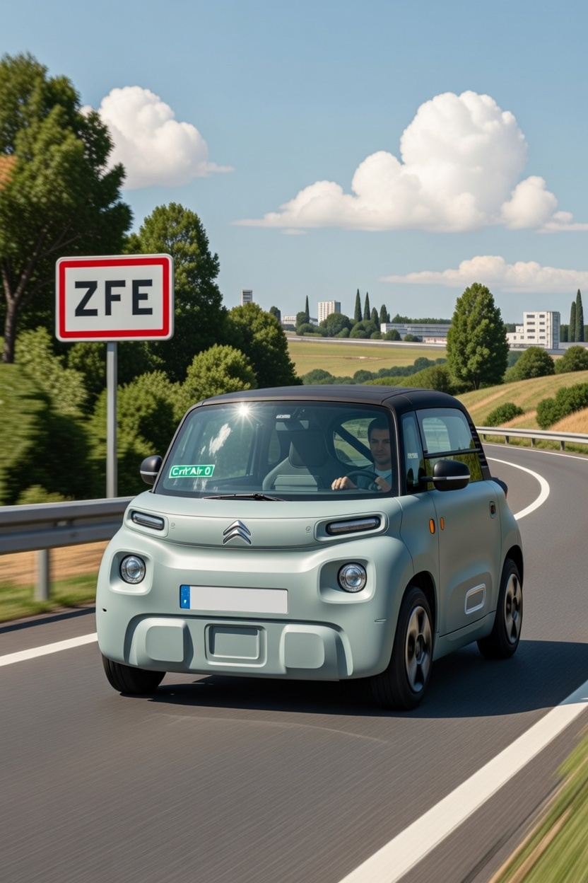 Voiture sans permis &eacute;lectrique circulant en centre-ville dans une zone &agrave; faibles &eacute;missions